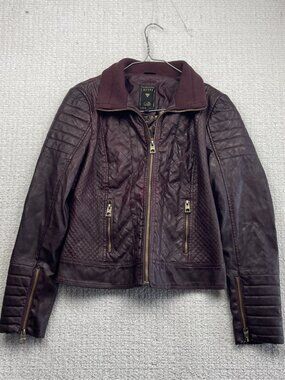 Y2K Guess Faux Leather Biker Moto Jacket Espresso Full Zip Grunge Burgundy Sz L